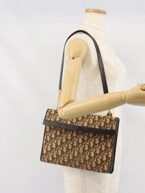 Christian Dior Trotter Canvas Shoulder Bag Beige Gold Auth 170604